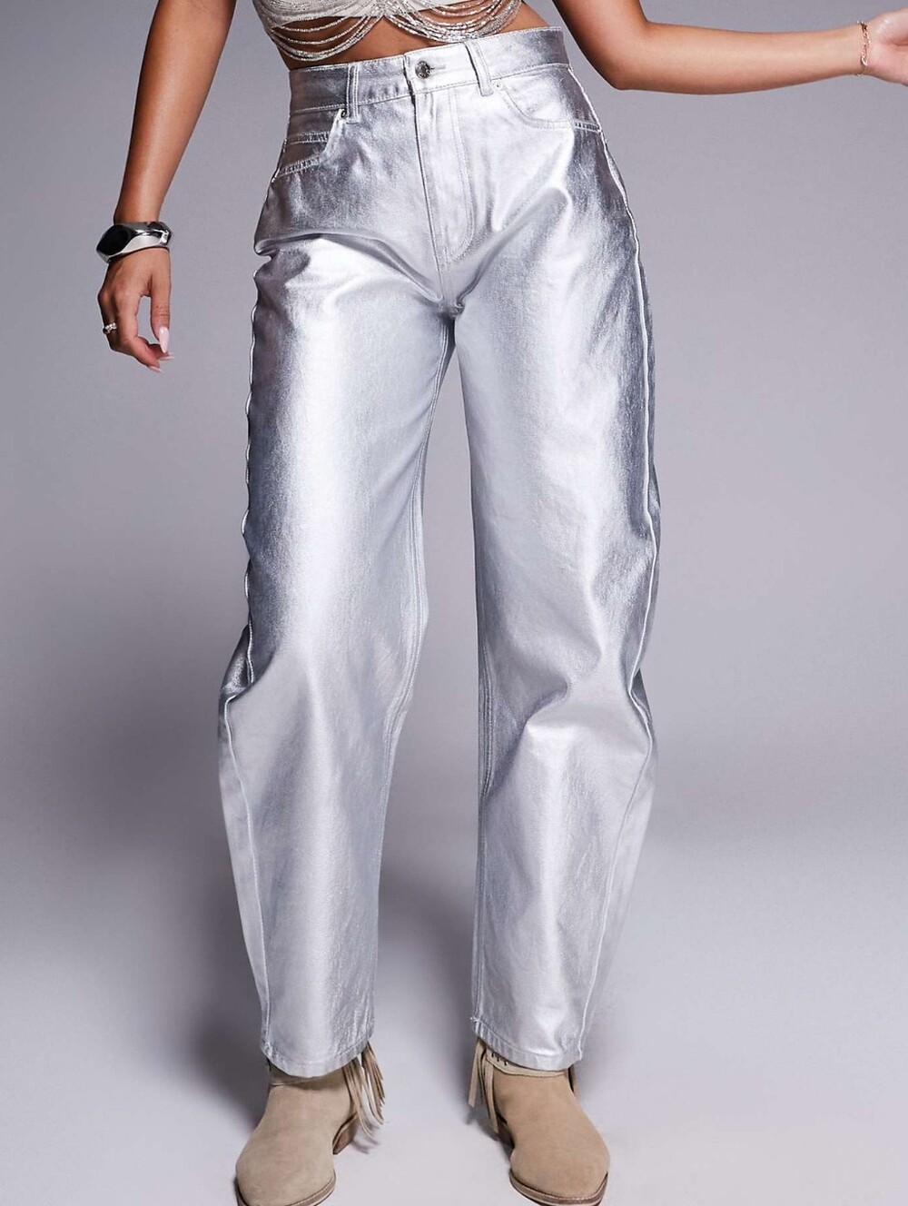 ASOS DESIGN Slim Barrel Jeans in Metallic Silver Womens Size 20 Plus